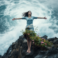 A woman stands on a rocky shore, arms outstretched, embodying resilience and strength against crashing waves, with vibrant flowers symbolizing growth amidst adversity.