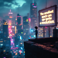 A small figure stands on a rooftop overlooking a vibrant, neon-lit city, holding a glowing orb, with a billboard reading, The smallest spark can ignite a revolution.