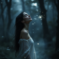 A serene woman in a flowing white dress stands in a misty forest, eyes closed, as soft glowing particles surround her, embodying the peace of accepting fate and freedom from suffering.