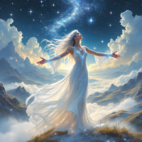 A woman in a flowing white dress stands on a mountain, arms outstretched to a starry sky, embodying the essence of dreams and hope expressed in the quote about stars and answered dreams.