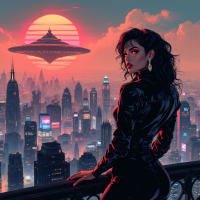 A woman in a sleek black outfit gazes over a vibrant cityscape at sunset, with a large, ominous flying saucer hovering above, embodying the quote about the cruel nature of power.