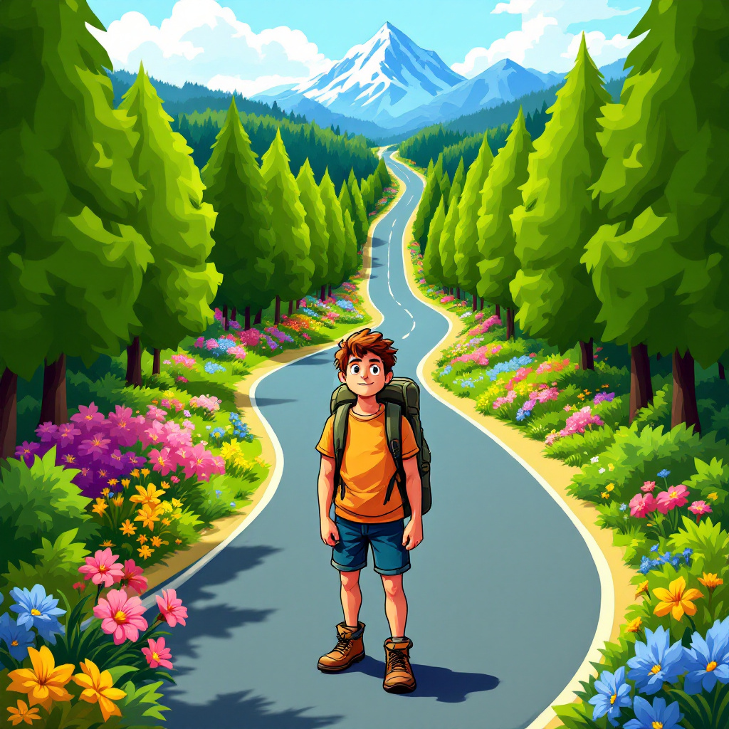 A young boy stands at the start of a winding road surrounded by vibrant flowers and tall trees, with mountains in the background, symbolizing the journey from beginning to end.