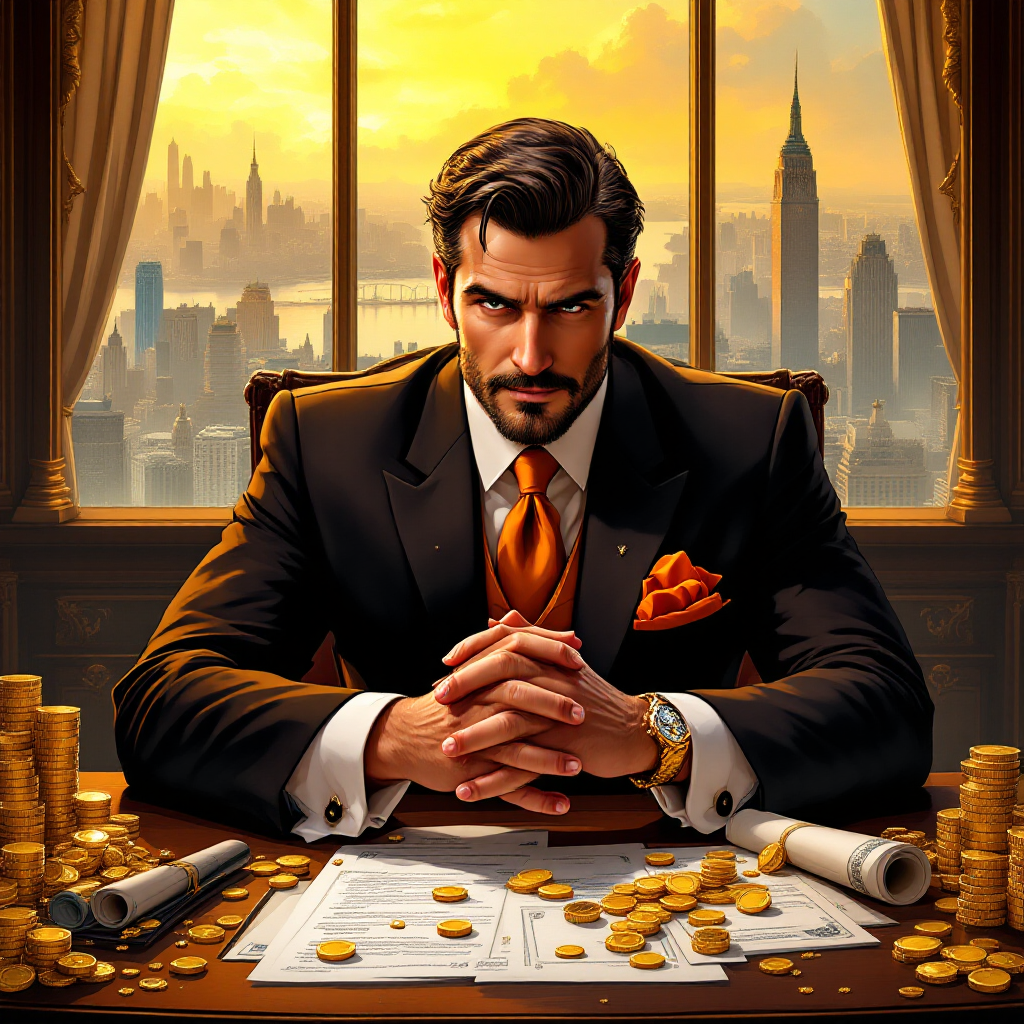 A confident businessman sits at a lavish desk surrounded by gold coins, symbolizing the quote, The rich don’t work for money. They make money work for them, against a city skyline backdrop.