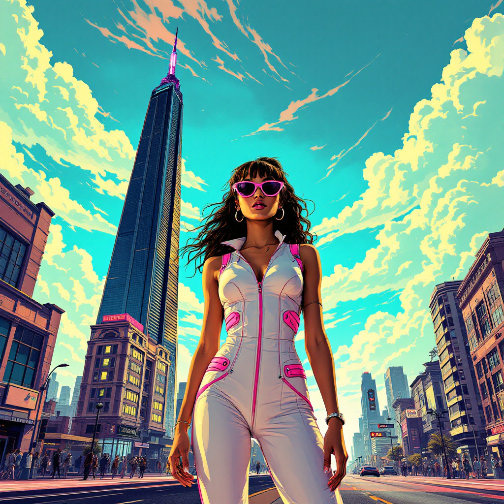 A confident figure in a stylish jumpsuit stands in a vibrant cityscape, flanked by tall buildings under a colorful sky, embodying the essence of choice and expectation.