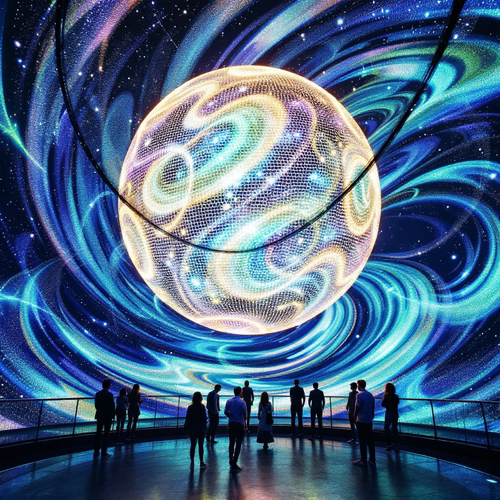 A vibrant cosmic scene with swirling blue and purple patterns surrounds a luminous, stylized planet, as silhouetted figures gaze in awe, embodying the spirit of discovery and wonder.