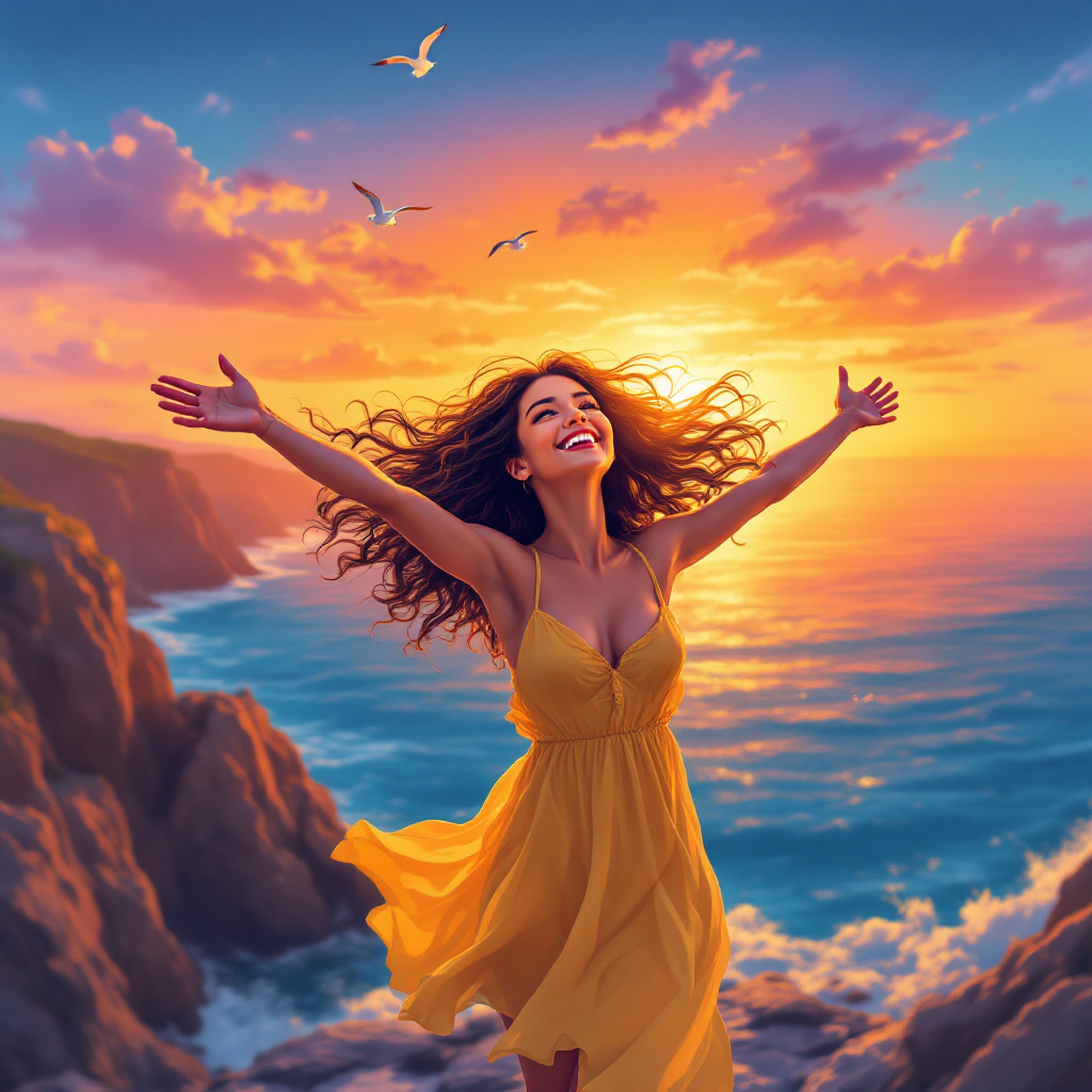 A woman in a flowing yellow dress stands on a cliff, arms outstretched towards a vibrant sunset over the ocean, embodying the transformative power of overcoming fear.