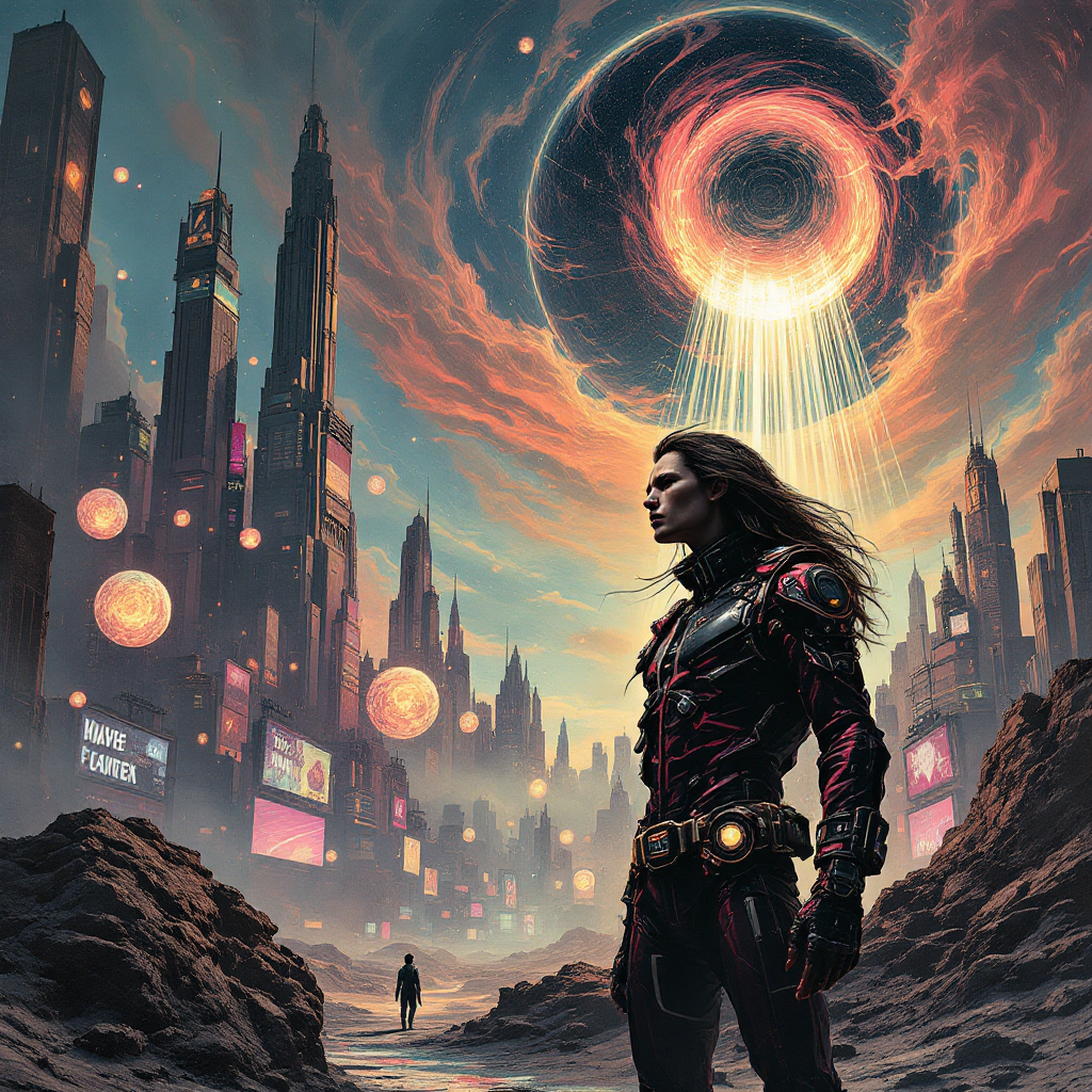 A figure stands in a futuristic cityscape, gazing towards a swirling vortex in the sky, embodying resilience and the power to shape one's response to challenges.