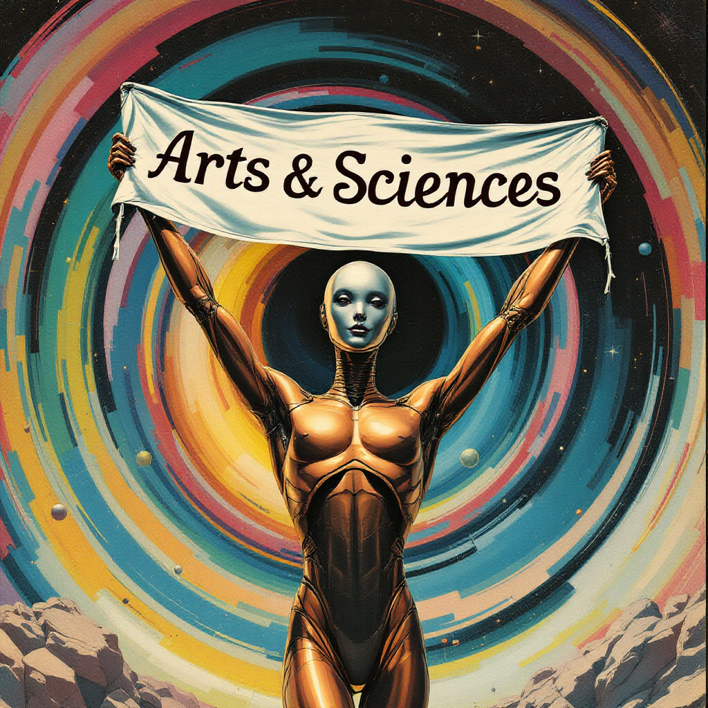 A futuristic android stands triumphantly, holding a banner that reads Arts & Sciences, set against a vibrant, swirling cosmic background, symbolizing the unity of creativity and knowledge.