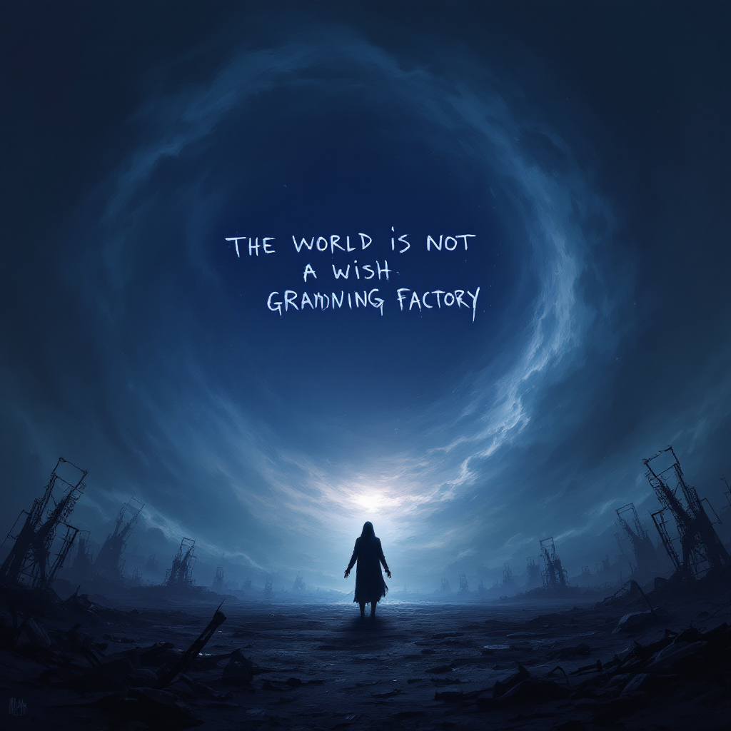 A silhouetted figure stands in a desolate landscape, facing a swirling dark blue sky. The text The world is not a wish-granting factory appears above, highlighting a sense of realism.