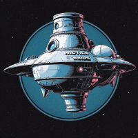 A stylized spaceship resembling a tin can, with a retro design and vibrant colors, set against a dark cosmic background, reflecting the quote about its appearance.