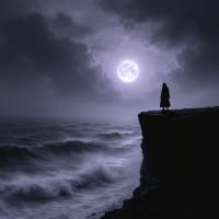 A solitary figure stands on a cliff under a stormy sky, gazing at a full moon, embodying the quote, In the face of pain, there are no heroes, against a backdrop of turbulent seas.