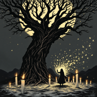 A silhouetted figure stands by a large, twisted tree under a full moon, surrounded by glowing candles; an ethereal light reveals the act of preserving knowledge amid darkness.