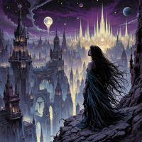 A figure in a flowing dark dress gazes over a sprawling, surreal cityscape filled with twisted towers and glowing lights, embodying the complex anguish of madness.