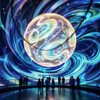 A vibrant cosmic scene with swirling blue and purple patterns surrounds a luminous, stylized planet, as silhouetted figures gaze in awe, embodying the spirit of discovery and wonder.