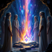 A group of ethereal elves in flowing white robes stands in a dark cave, gazing in awe at a radiant, multicolored light resembling the Silmarils, illuminating the space around them.