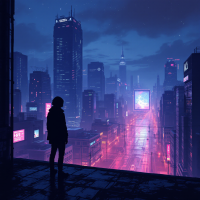 A silhouette of a person stands on a rooftop, gazing over a neon-lit cityscape at night, reflecting themes of complexity and the limitations of human understanding.