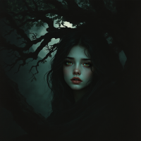 A mystical figure with haunting green eyes peeks from the shadows of gnarled trees, embodying the tension between light and darkness, reflecting the quote about the weight of past actions.