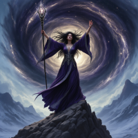 A powerful sorceress in a flowing purple robe stands on a rocky peak, wielding a staff, as swirling galaxies and dark energy surround her, embodying the duality of passion and darkness.