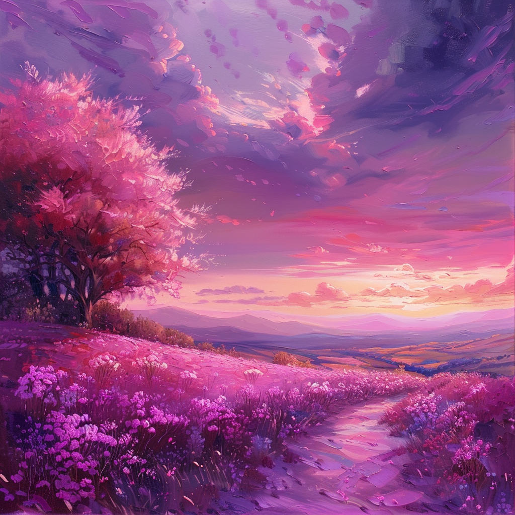 A vibrant landscape bathed in a sunset, featuring a path through a field of purple flowers and a solitary tree, evoking the sentiment that nothing is ever really lost to us as long as we remember it.