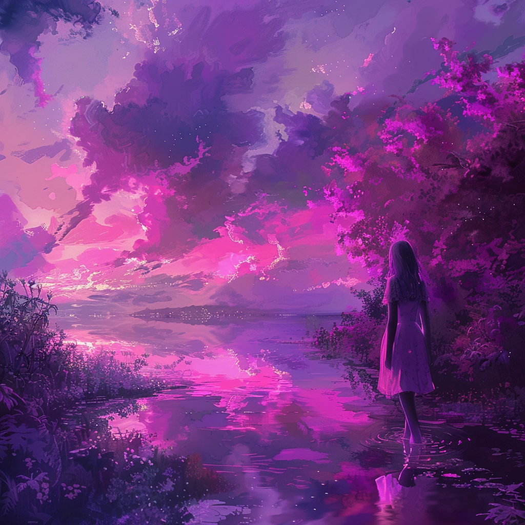 A young girl stands by a serene, pink and purple-hued lake, gazing at the vibrant sunset. This image evokes the sentiment: Nothing is ever really lost to us as long as we remember it.