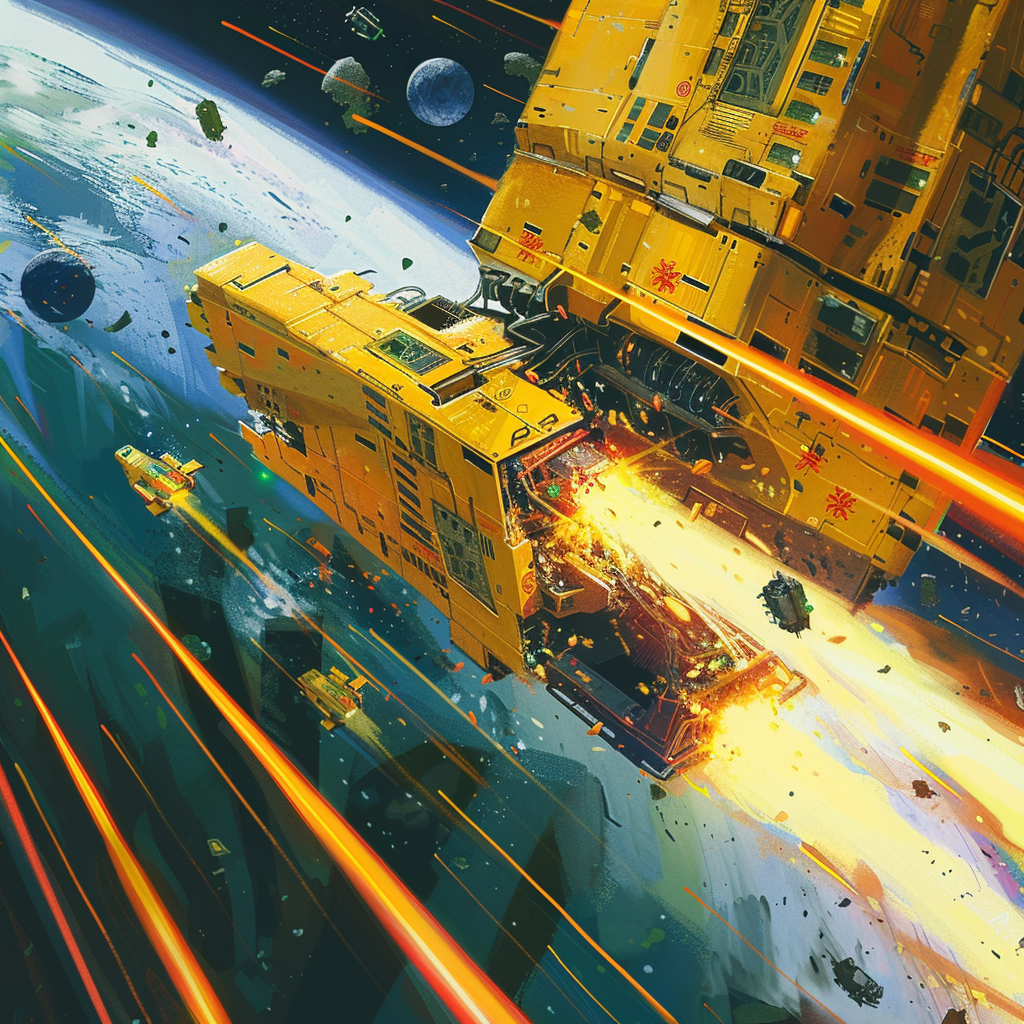 A futuristic scene shows a large yellow spacecraft firing beams towards a distant object in space, with planets and stars in the background, illustrating the phrase Energize the demolition beams.