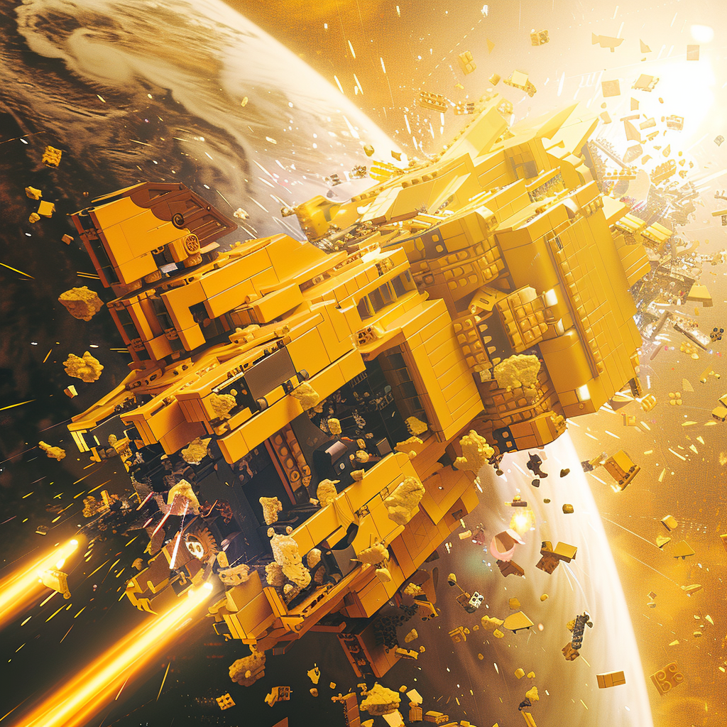 A bright yellow spaceship disintegrates in space with pieces flying off, while beams of light shoot from it. Earth is visible in the background amid a glowing, dynamic scene.