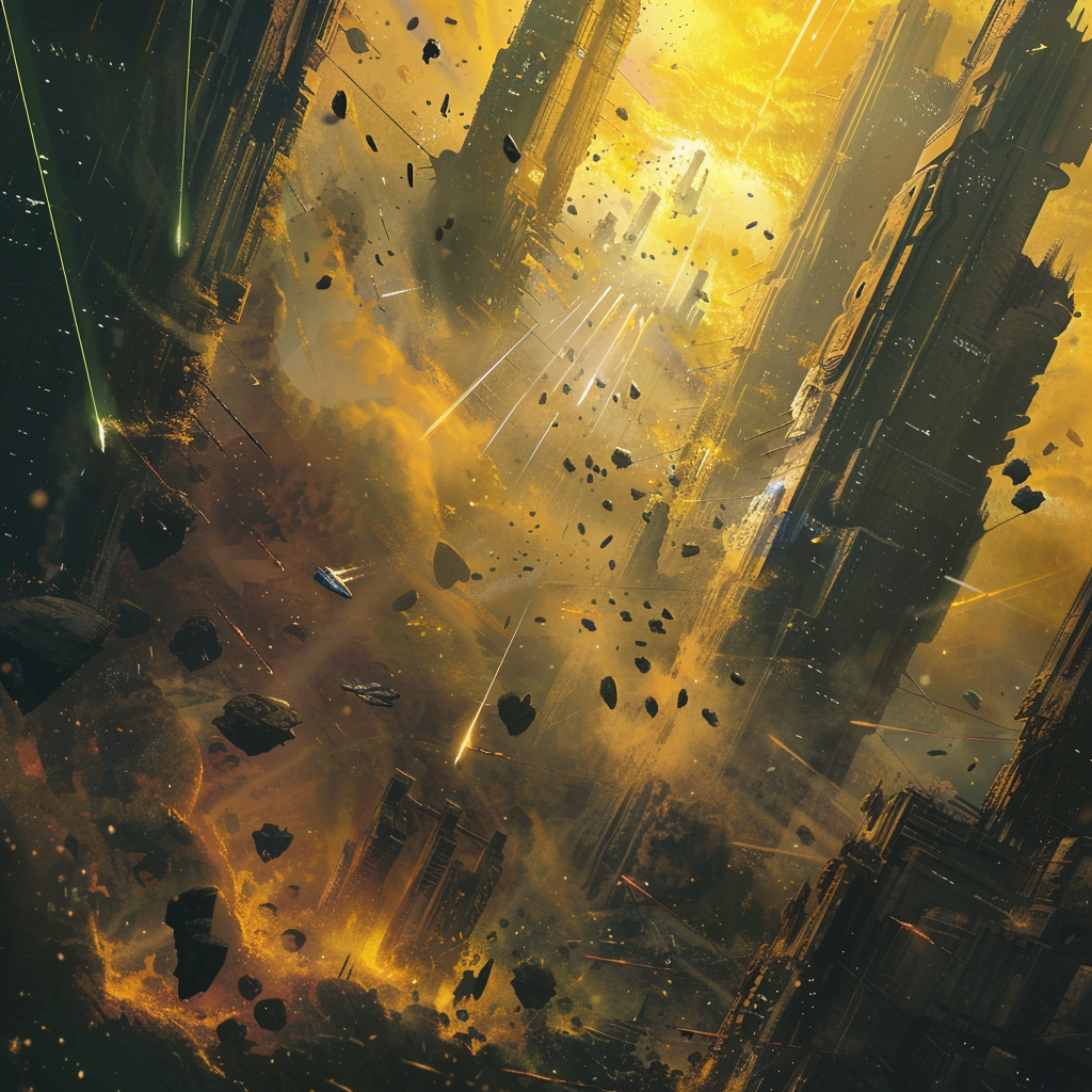 A chaotic scene of towering structures in a futuristic city as beams of light and debris fill the atmosphere, depicting the moment when demolition beams are activated.