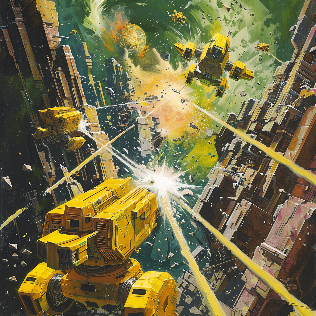 Several yellow spacecraft fire beams at a massive structure, creating explosions and debris in a vibrant green space scene, illustrating the quote Energize the demolition beams.