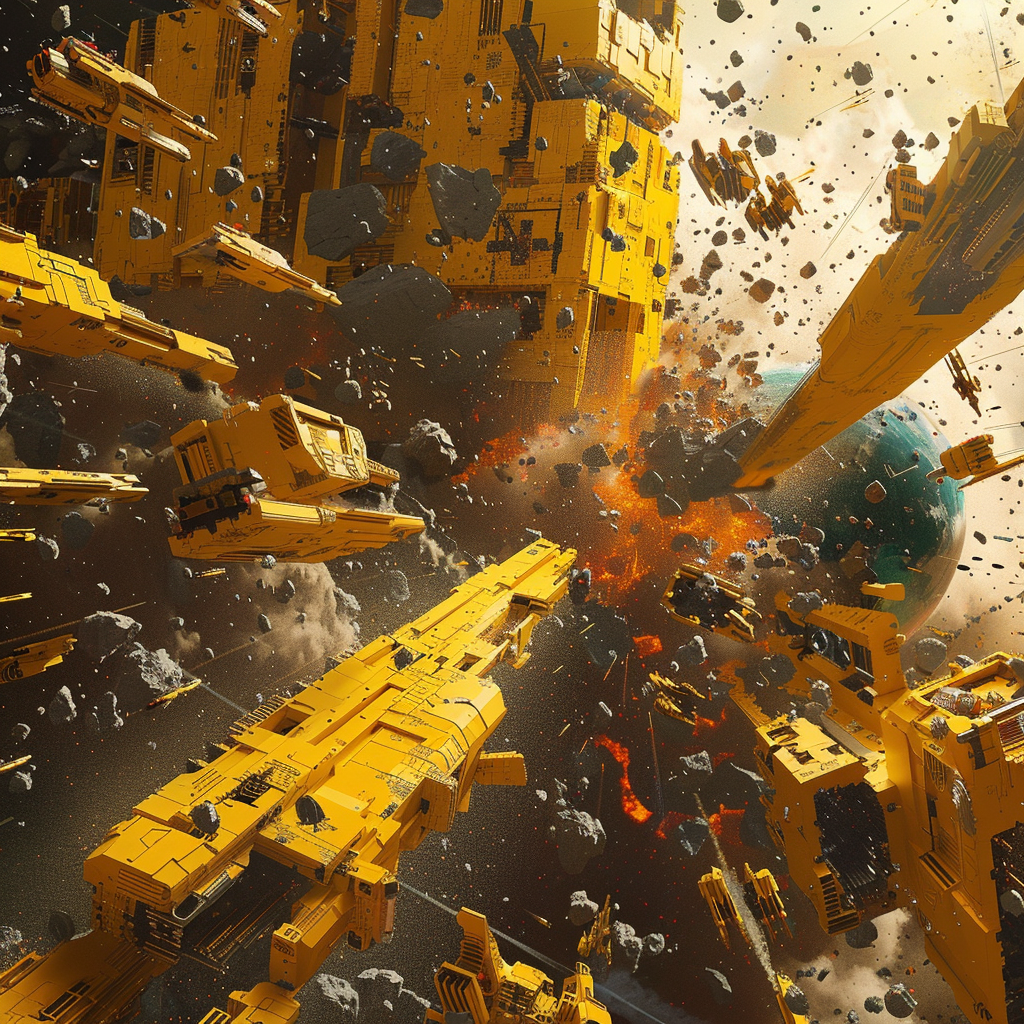 A chaotic space scene shows bright yellow demolition beams dismantling large structures amid flying debris. A distant planet is visible in the background, shrouded in a cloudy atmosphere.