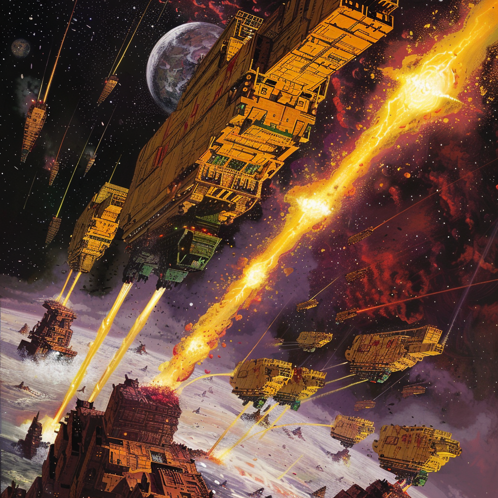 A fleet of futuristic spacecraft fire demolition beams towards a planet's surface, with a moon and stars visible in the background.