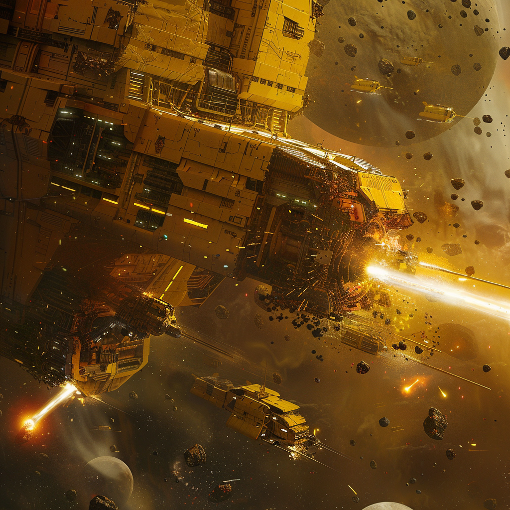 A massive starship fires bright demolition beams in a chaotic space battle, surrounded by asteroids and debris, inspired by the quote, Energize the demolition beams.”