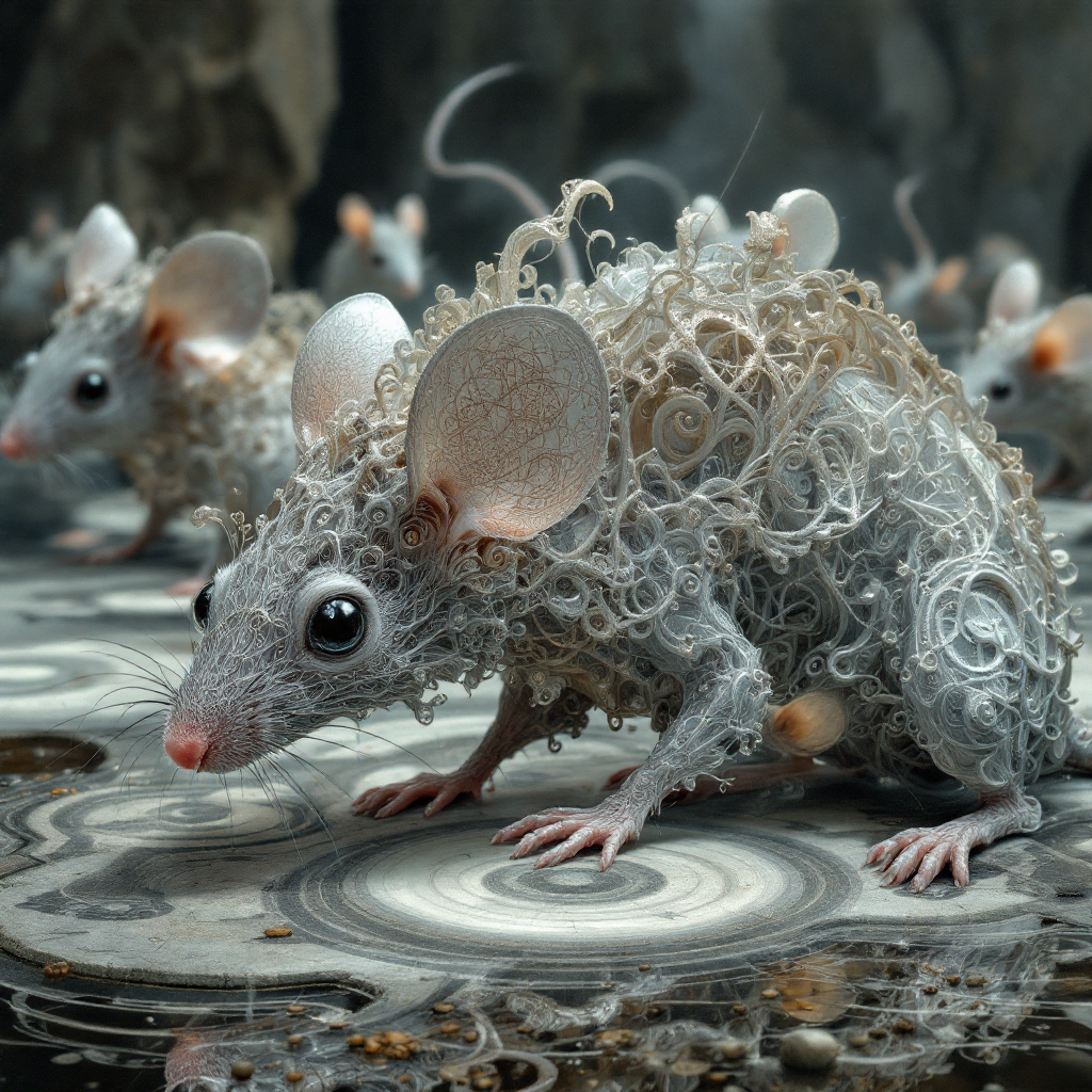 A cluster of intricately detailed, surreal mice with swirling, ethereal patterns on their fur, set against a mysterious, dimly lit background, hinting at their hyper-intelligent origins.