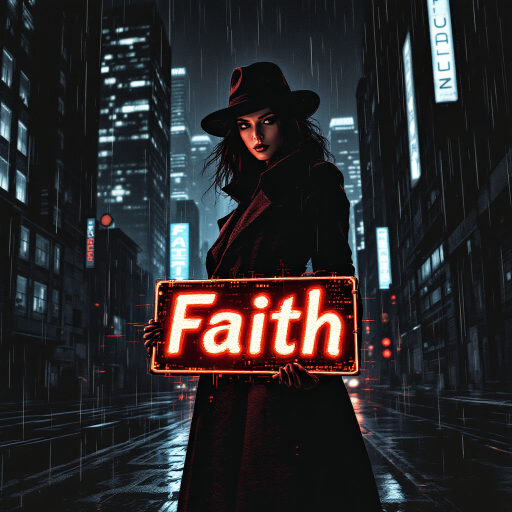 A figure wearing a hat stands in a rain-soaked city street, holding a glowing red sign that reads Faith, embodying the tension between loyalty and betrayal.