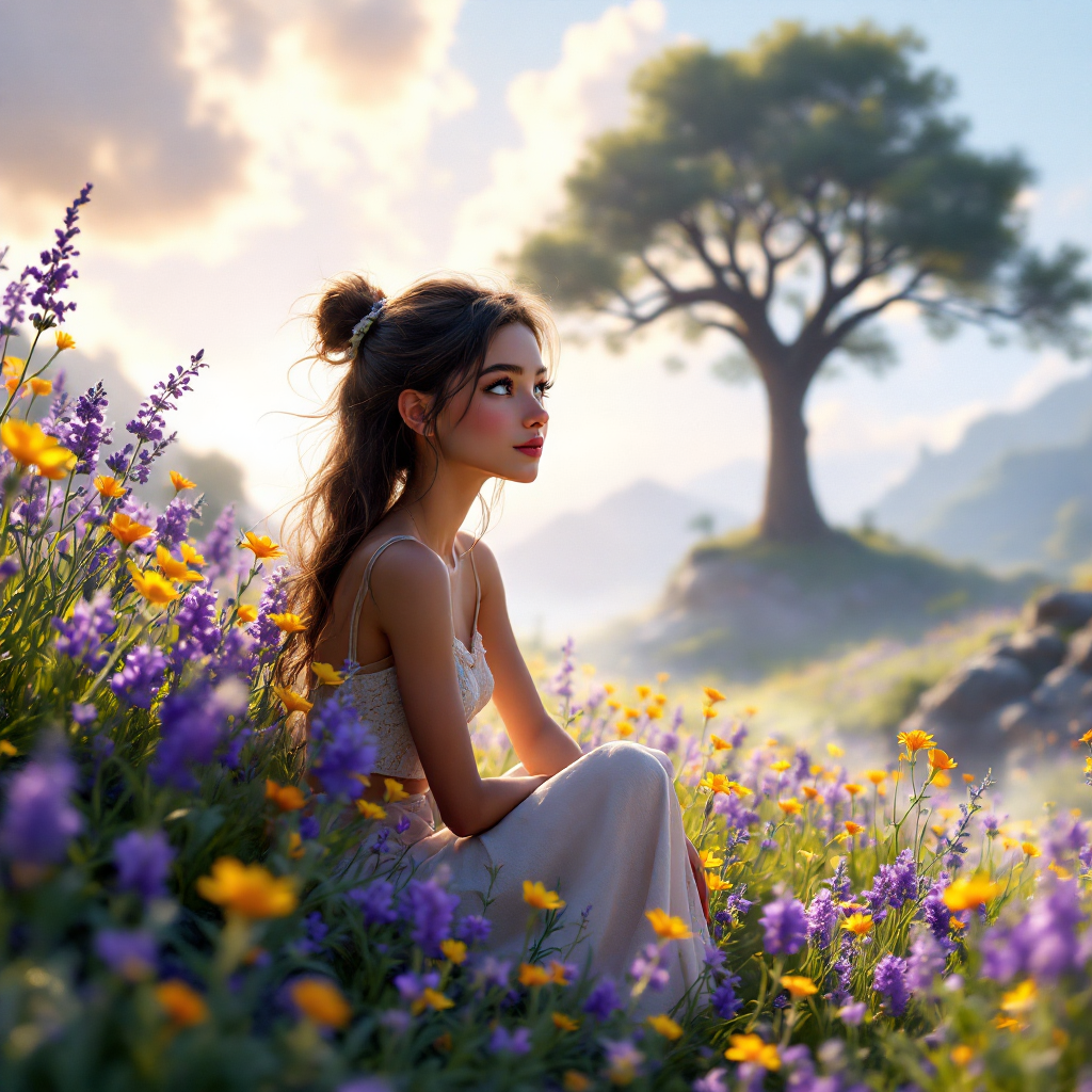 A young woman sits peacefully among vibrant wildflowers, gazing thoughtfully into the distance, with a majestic tree and soft clouds in the background, embodying the beauty found in moments of despair.