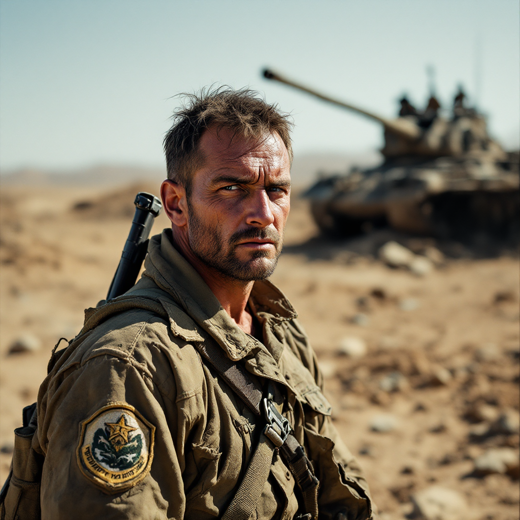 A soldier stands resolutely in a barren desert landscape, with a tank in the background, embodying the essence of resilience forged in the crucible of war.