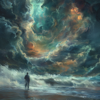 A lone figure stands at the shore, gazing at a swirling, vibrant sky, reflecting the quote Nothing is ever really lost to us as long as we remember it.