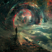 A person stands on a pathway in a surreal, cosmic landscape with swirling galaxies, stars, and clouds, evoking the sentiment that nothing is ever truly lost as long as it is remembered.