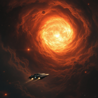 A spaceship glides through a swirling nebula, illuminated by a glowing orange star at its center, embodying the struggle between survival and creativity.