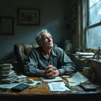 An elderly man sits at a cluttered desk, deep in thought, surrounded by stacks of papers and a calculator, embodying the struggles of working for others his whole life.