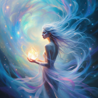 A ethereal figure with flowing hair holds a glowing orb, surrounded by swirling colors of blue and violet, embodying the essence of love and the fear of a life without it.