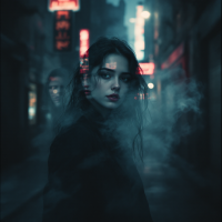 A woman stands in a foggy urban alley, illuminated by neon lights, embodying the quote's theme of personal truths and the contrasts of perception amidst shadows.