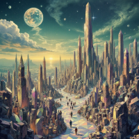 A surreal landscape of towering crystalline spires under a starry sky, with a distant planet visible, embodying the concept that realities are shaped by perceptions in the Ringworld.