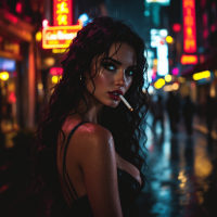 A moody, neon-lit street scene features a woman with long, dark hair and a cigarette, embodying the quote, “We are all stories in the end; make yours worth telling.”