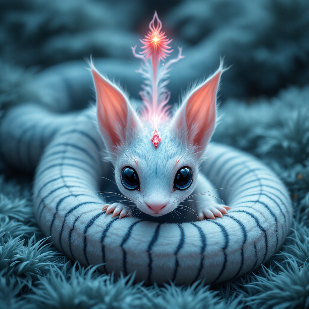 A fantastical creature with pale blue fur and narrow black stripes coiled on lush moss. It has large blue eyes, pink blossom-like ears, and a vibrant ruby crest atop its head.