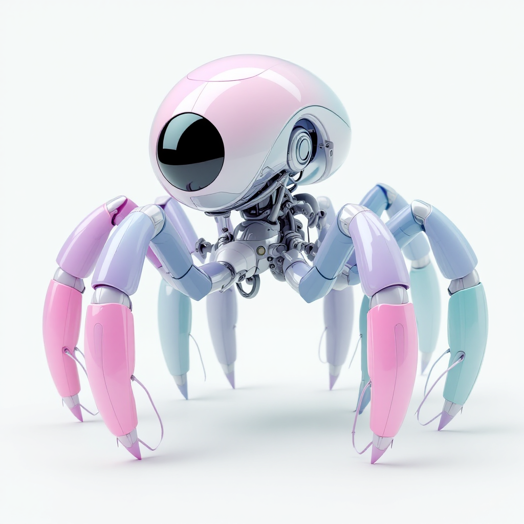 A futuristic robot with a spherical abdomen at its waist features eight flexible, millipede-like legs, four on each side, showcasing a sleek, colorful design.