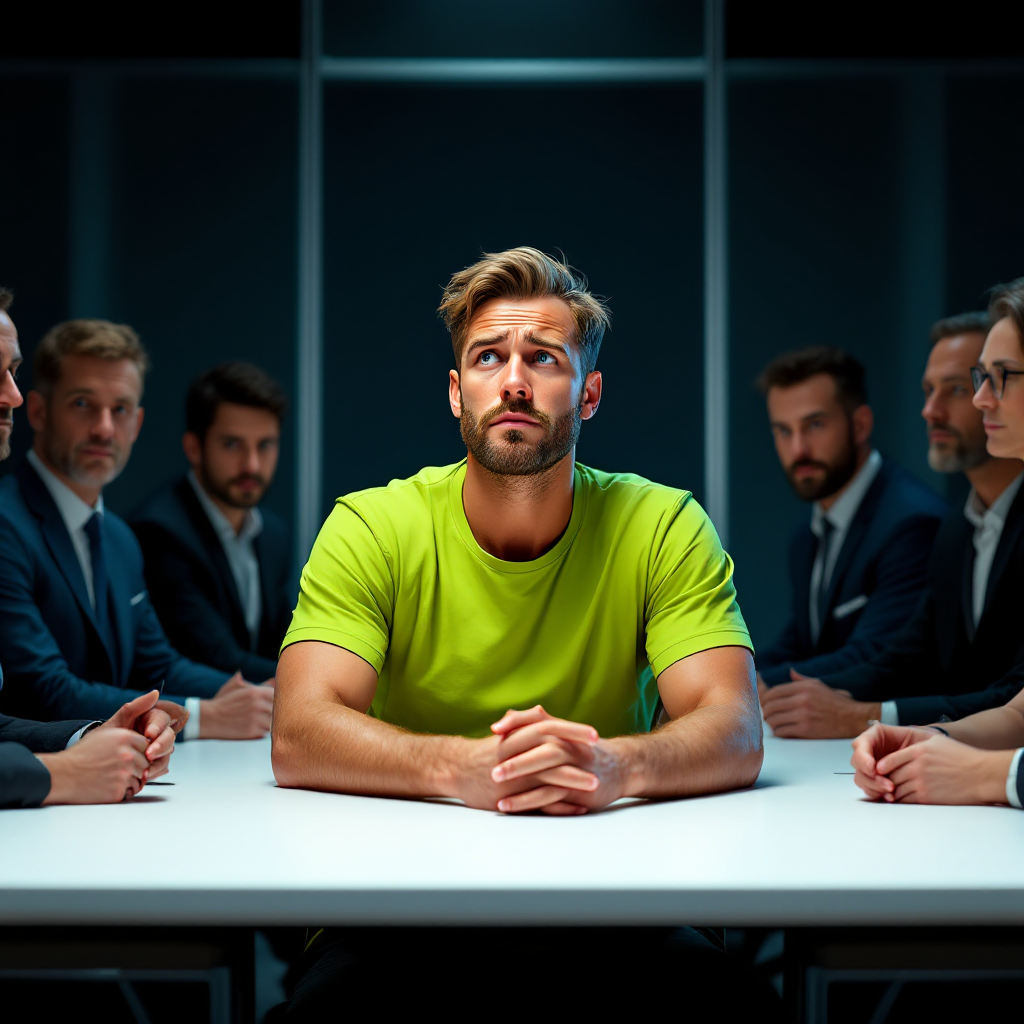 A young man in a casual lime-green shirt and ochre climbing trousers sits at a table, surrounded by six sharply dressed individuals in suits, creating a stark contrast.