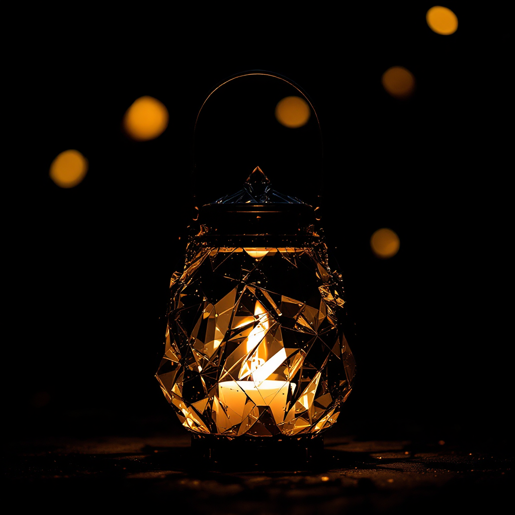 A beautifully crafted lantern with a warm glow stands against a dark background, symbolizing hope and guidance in darkness, reflecting the essence of finding light amidst shadows.