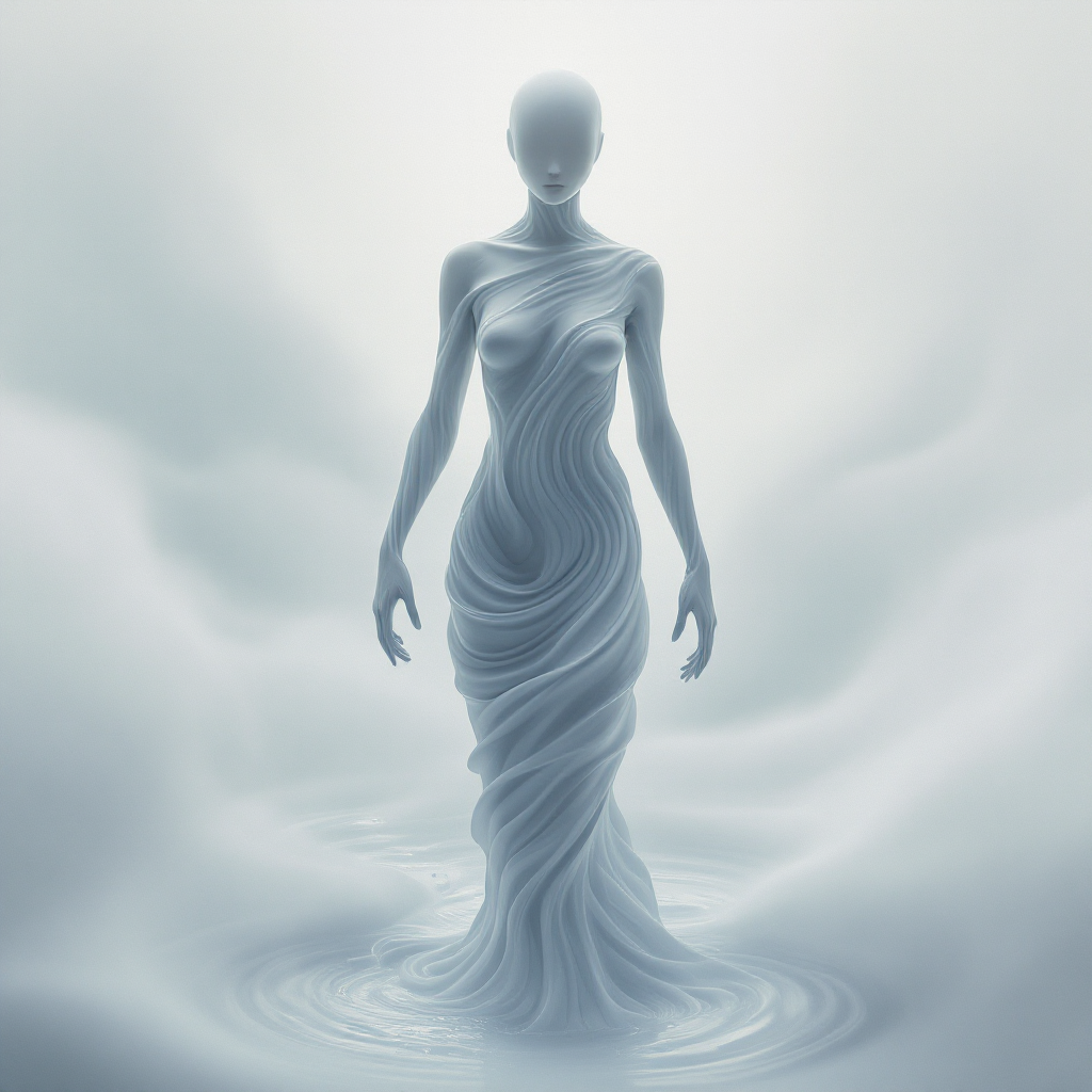 A serene, ethereal figure draped in flowing fabric emerges from misty water, embodying the essence of authenticity and the beauty of being real.