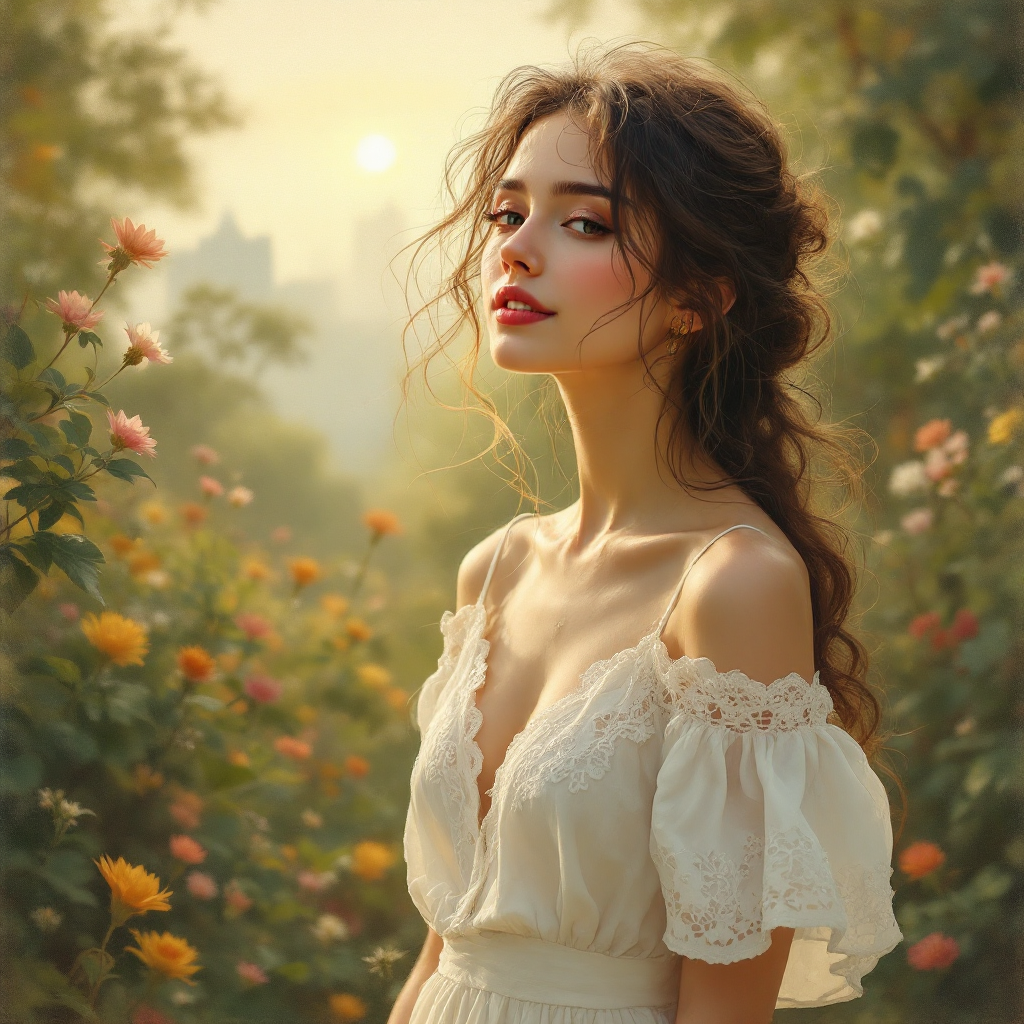 A young woman with flowing hair stands amidst a lush garden filled with blooming flowers, bathed in warm sunlight, embodying a sense of peace and the freedom that comes with letting go.