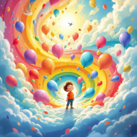 A child stands in a swirling, colorful cloudscape filled with vibrant balloons, rays of sunlight shining through, evoking a sense of wonder and curiosity.